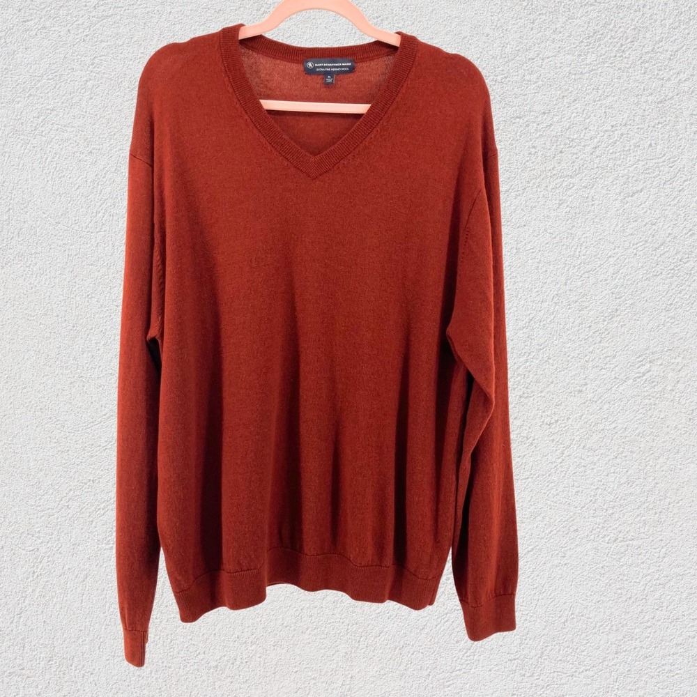 Hart Schaffner Marx Men Extra Fine Merino Wool V Neck Sweater Rust XL Classic